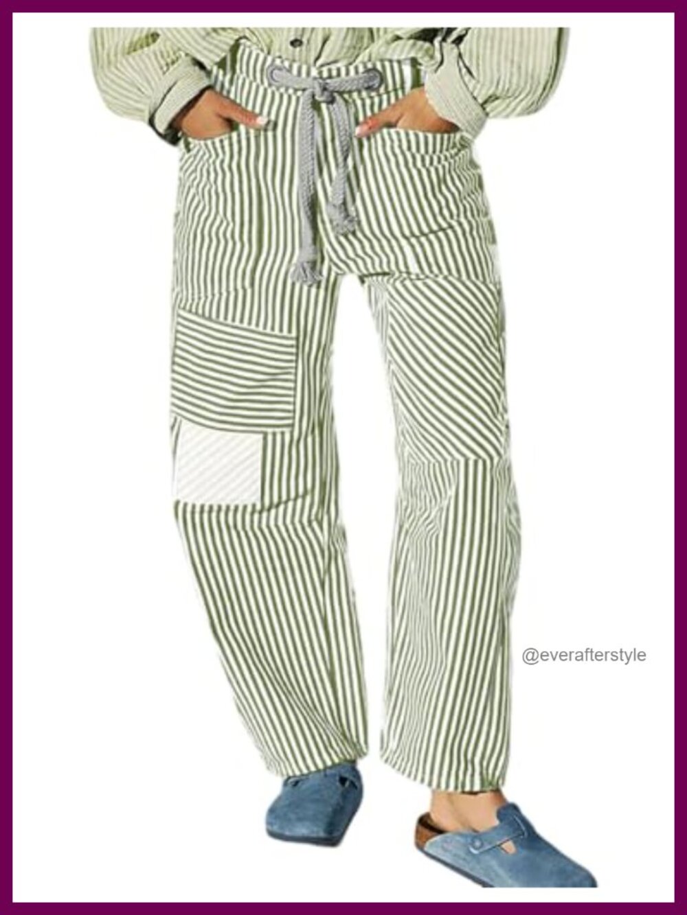 Women's Striped Barrel Jeans Baggy Wide Leg Denim Pants Drawstring